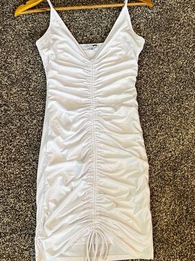White Ruched Front V-Neck Mini Dress